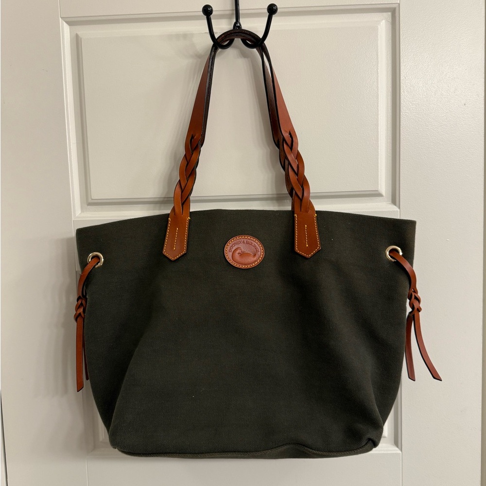 Like-New Dooney & Bourke Olive Green Tote Bag with Brown Leather Accents